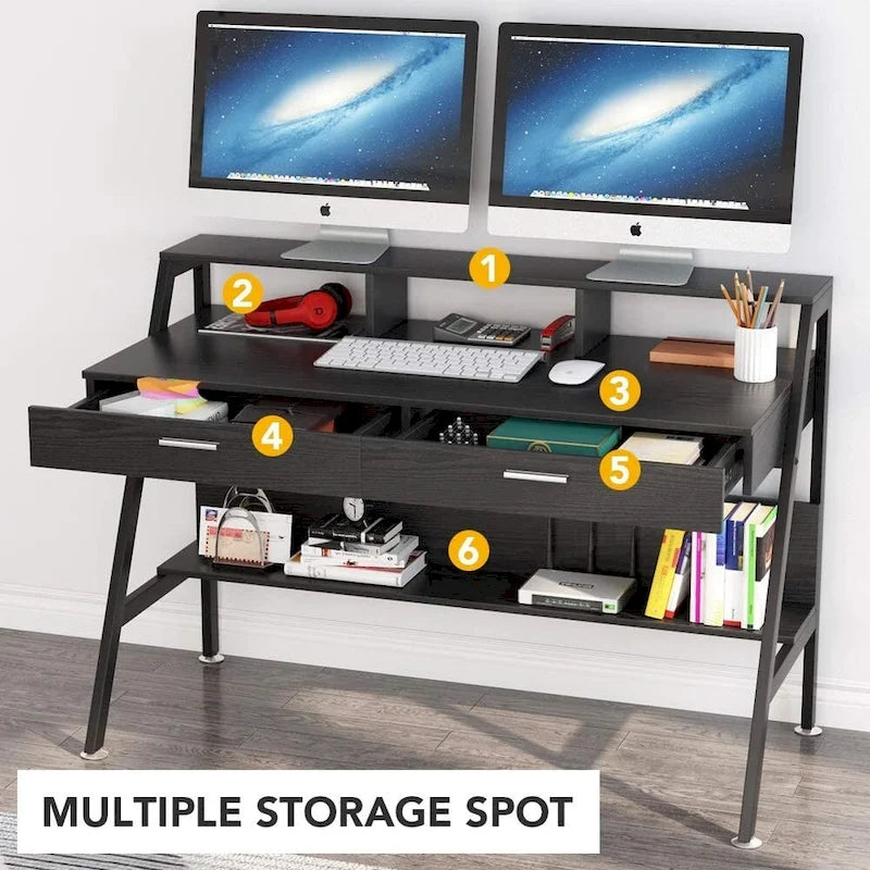 Bureau d'ordinateur avec 2 tiroirs et étagères de rangement, bureau d'ordinateur avec support d'écran