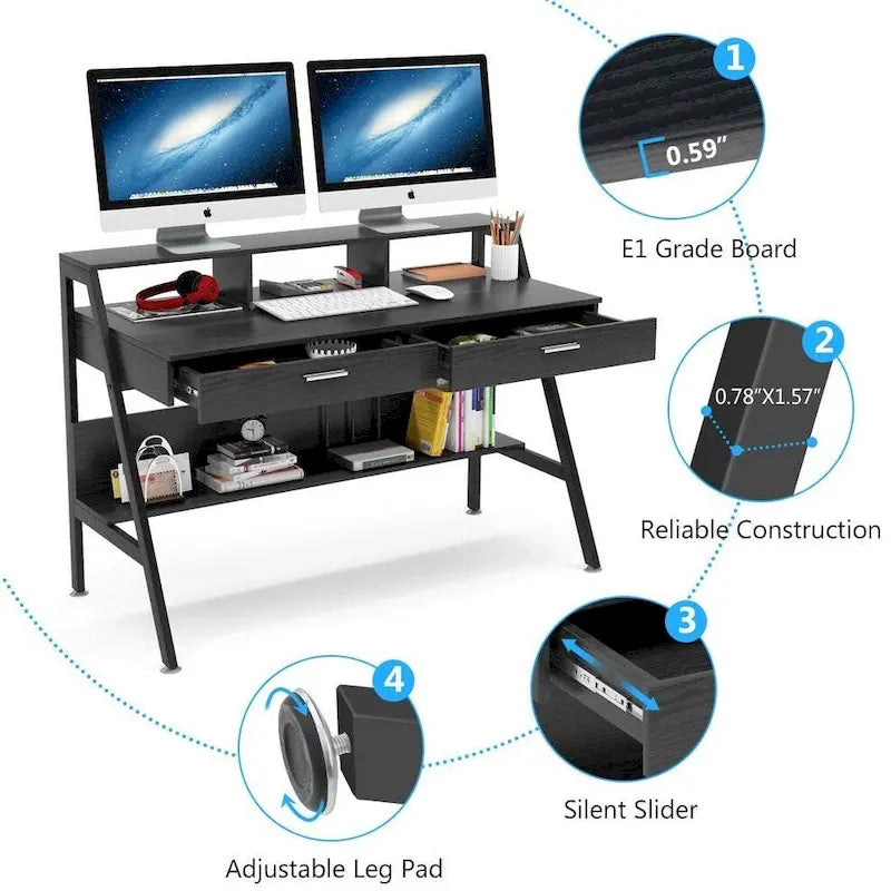Bureau d'ordinateur avec 2 tiroirs et étagères de rangement, bureau d'ordinateur avec support d'écran