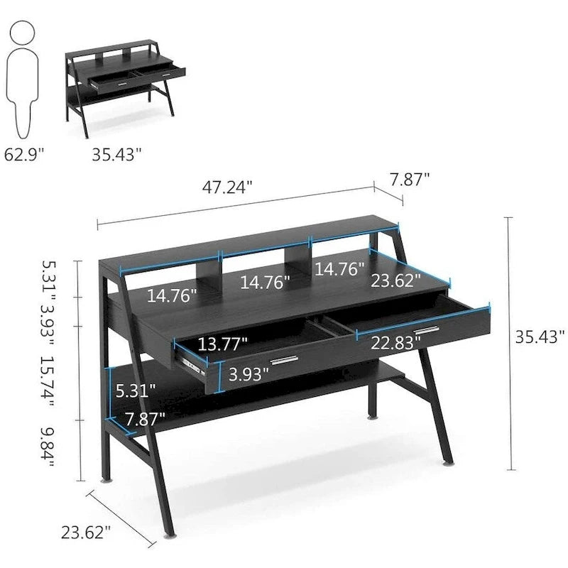 Bureau d'ordinateur avec 2 tiroirs et étagères de rangement, bureau d'ordinateur avec support d'écran