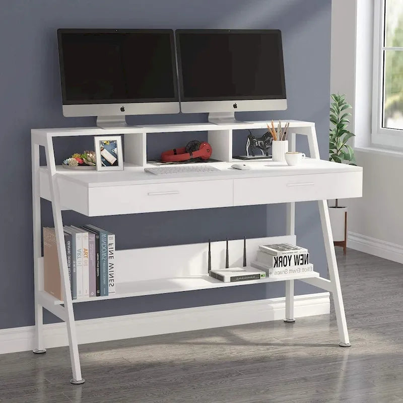 Bureau d'ordinateur avec 2 tiroirs et étagères de rangement, bureau d'ordinateur avec support d'écran