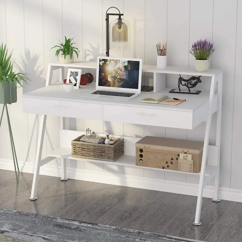 Bureau d'ordinateur avec 2 tiroirs et étagères de rangement, bureau d'ordinateur avec support d'écran