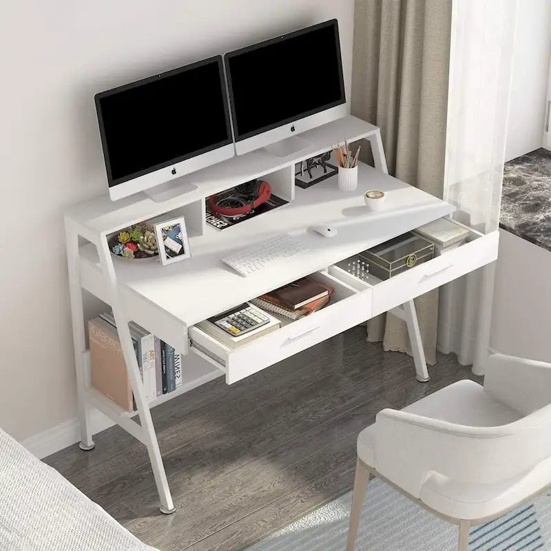 Bureau d'ordinateur avec 2 tiroirs et étagères de rangement, bureau d'ordinateur avec support d'écran