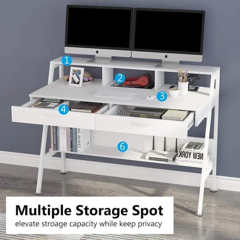 Bureau d'ordinateur avec 2 tiroirs et étagères de rangement, bureau d'ordinateur avec support d'écran