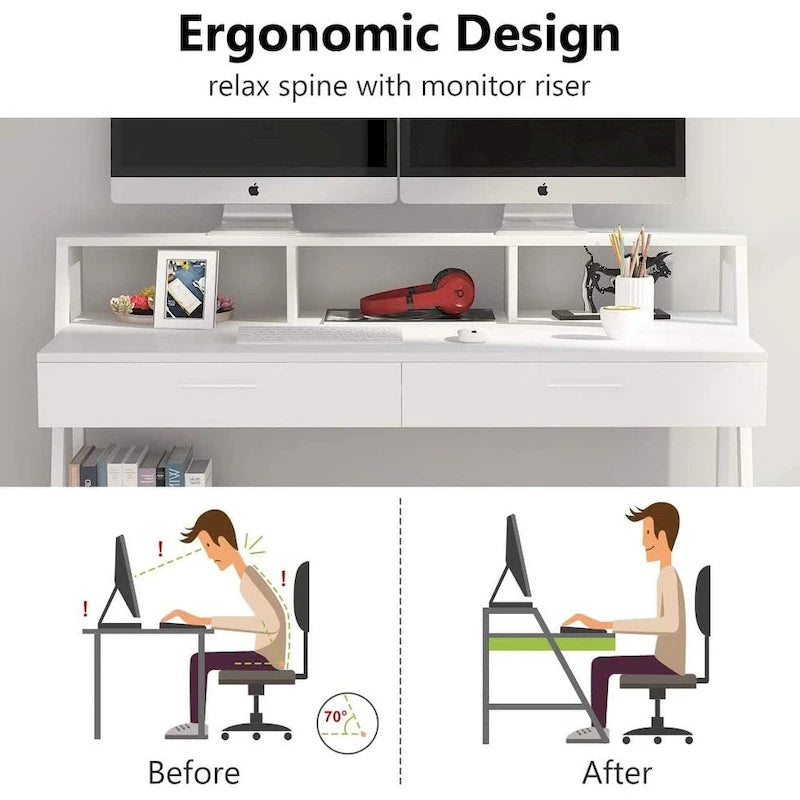 Bureau d'ordinateur avec 2 tiroirs et étagères de rangement, bureau d'ordinateur avec support d'écran