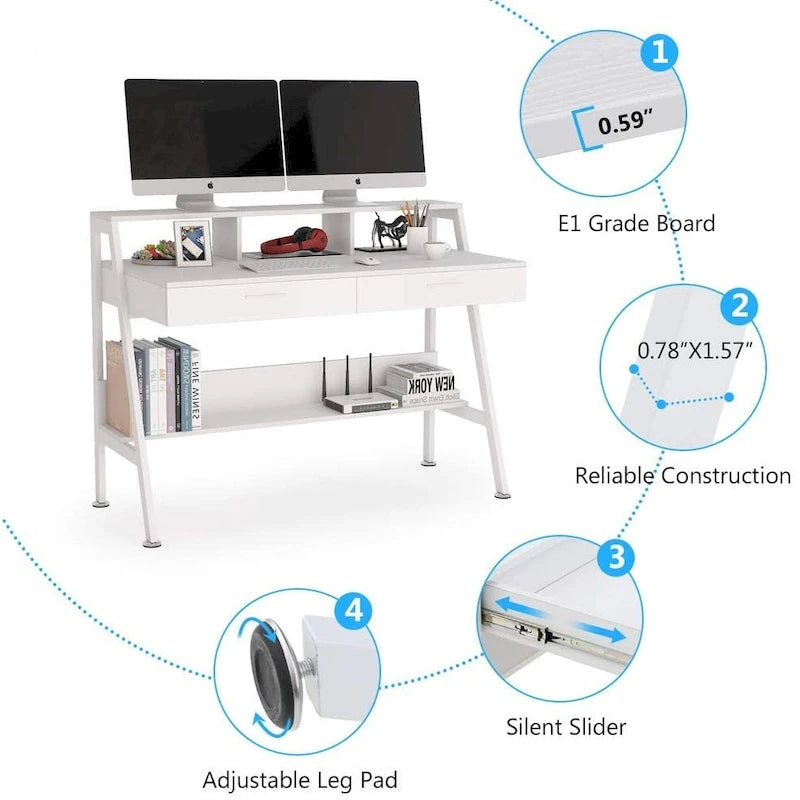 Bureau d'ordinateur avec 2 tiroirs et étagères de rangement, bureau d'ordinateur avec support d'écran