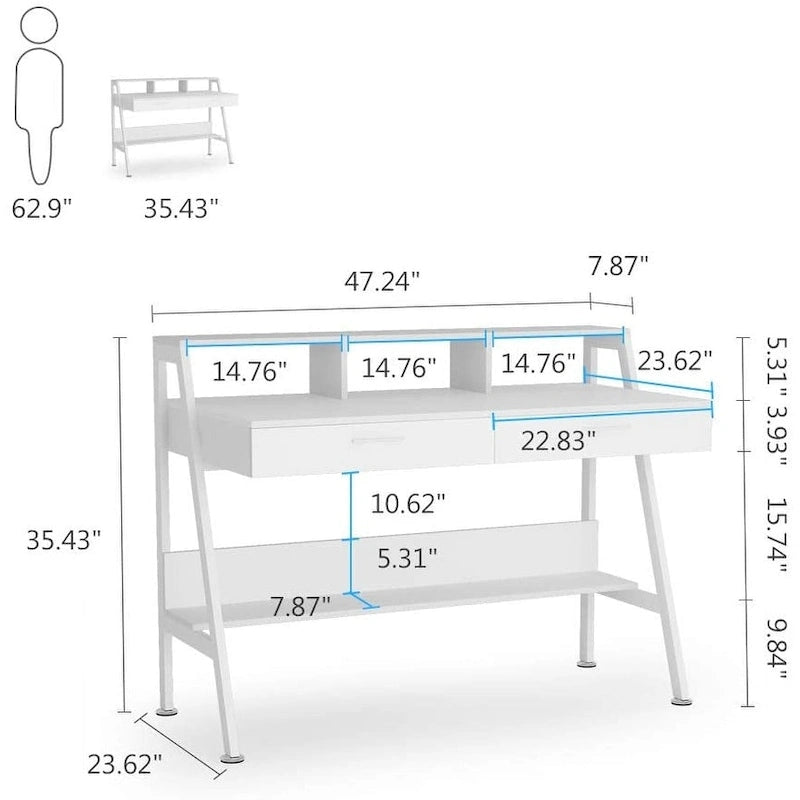 Bureau d'ordinateur avec 2 tiroirs et étagères de rangement, bureau d'ordinateur avec support d'écran