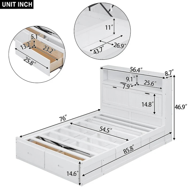 Lit plateforme hydraulique double en bois avec rangement, tête de lit à LED, station de charge et 2 tiroirs, Gris
