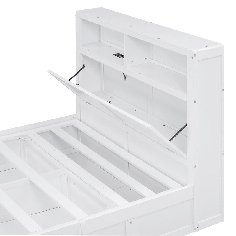 Lit plateforme hydraulique double en bois avec rangement, tête de lit à LED, station de charge et 2 tiroirs, Gris