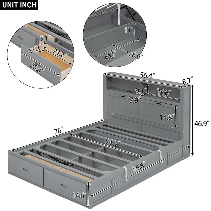 Lit plateforme hydraulique double en bois avec rangement, tête de lit à LED, station de charge et 2 tiroirs, Gris