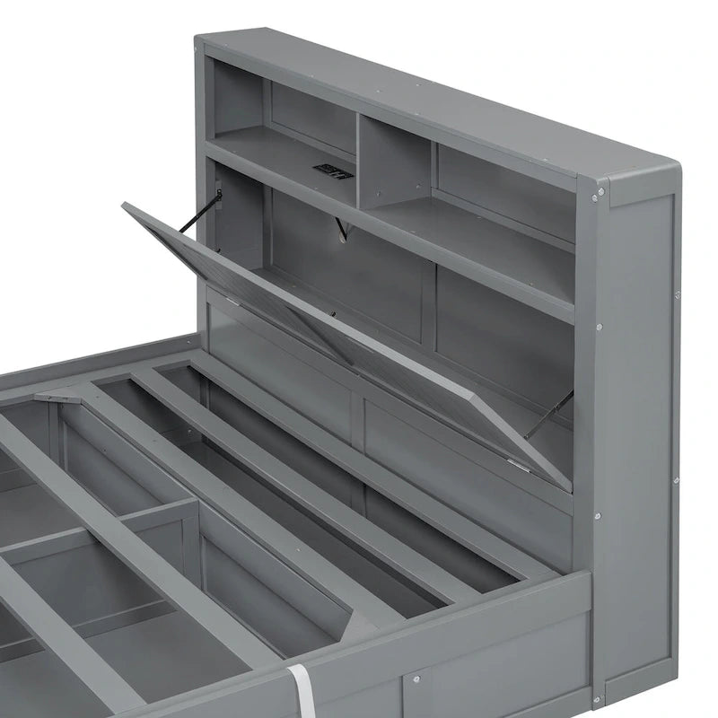 Lit plateforme hydraulique double en bois avec rangement, tête de lit à LED, station de charge et 2 tiroirs, Gris