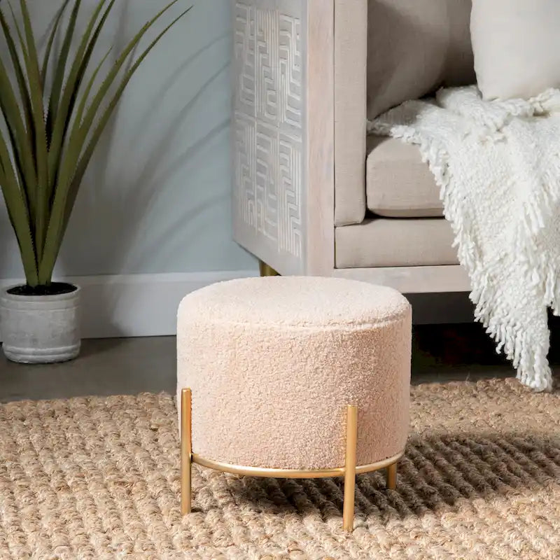 Tabouret d'appoint rond rembourré en sherpa avec pieds en métal doré - 14 x 13 pouces