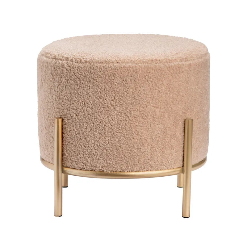 Tabouret d'appoint rond rembourré en sherpa avec pieds en métal doré - 14 x 13 pouces