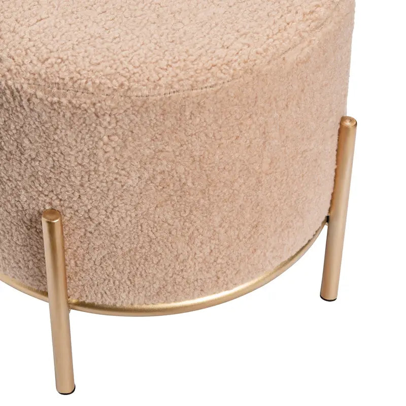 Tabouret d'appoint rond rembourré en sherpa avec pieds en métal doré - 14 x 13 pouces