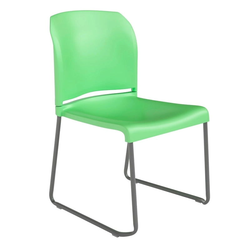 Chaise empilable ergonomique à dossier plein avec piétement luge thermolaqué, capacité de 399 kg