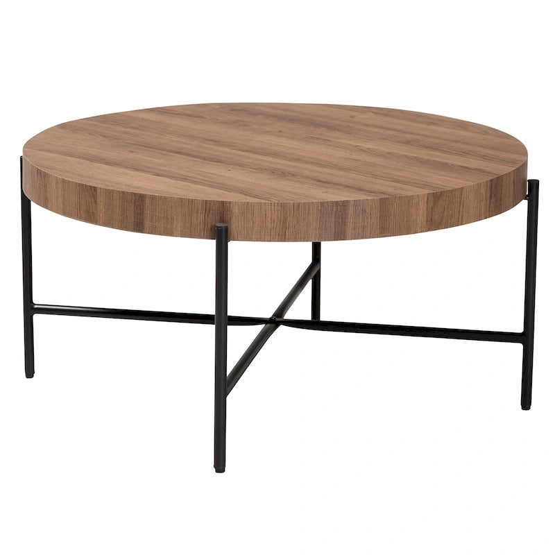 Table basse en bois couleur noyer et métal noir au style industriel moderne