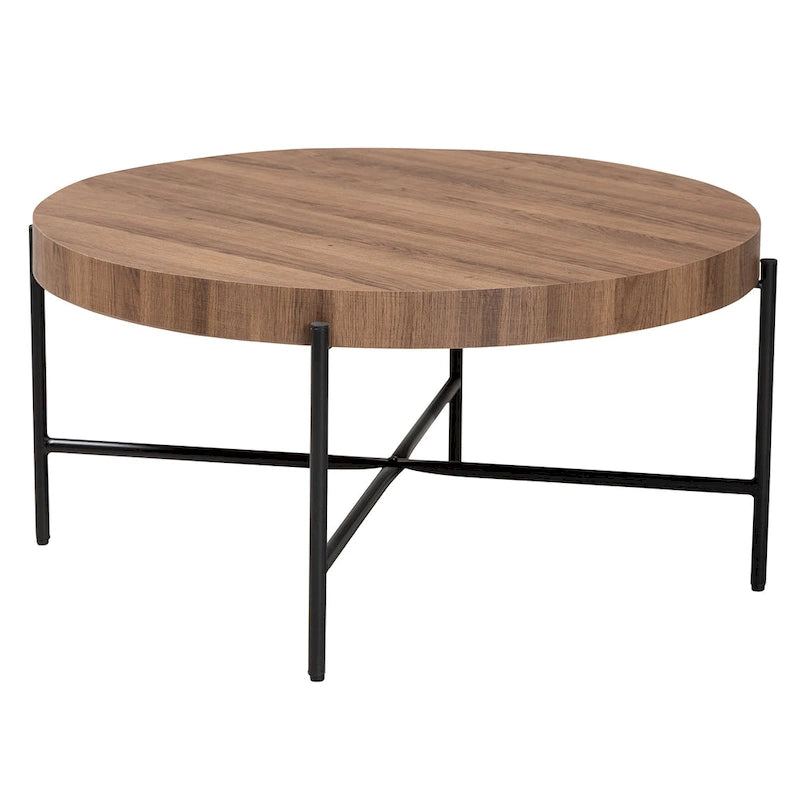 Table basse en bois couleur noyer et métal noir au style industriel moderne