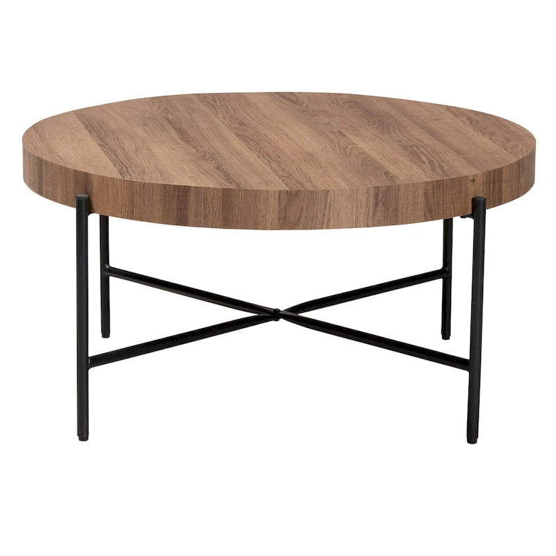Table basse en bois couleur noyer et métal noir au style industriel moderne