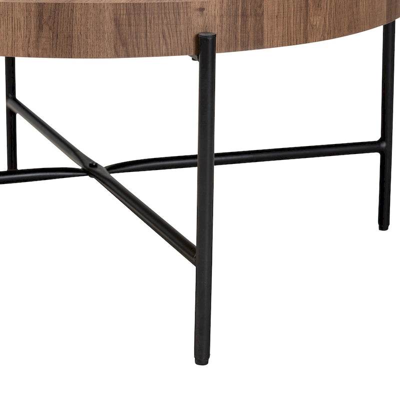 Table basse en bois couleur noyer et métal noir au style industriel moderne