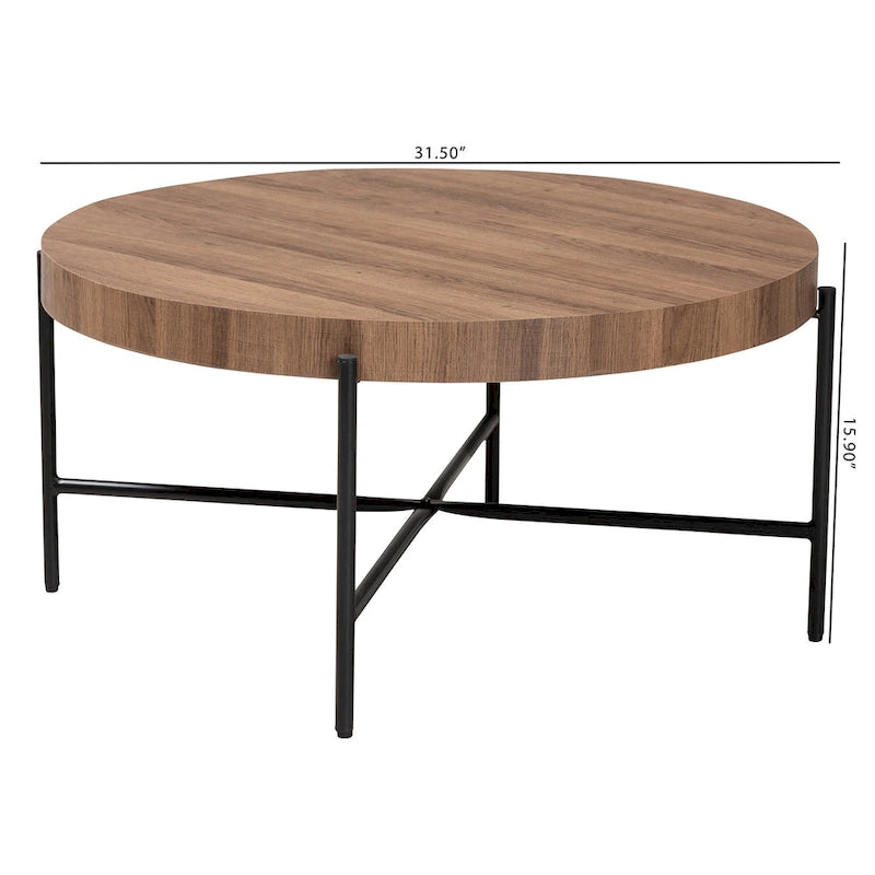 Table basse en bois couleur noyer et métal noir au style industriel moderne