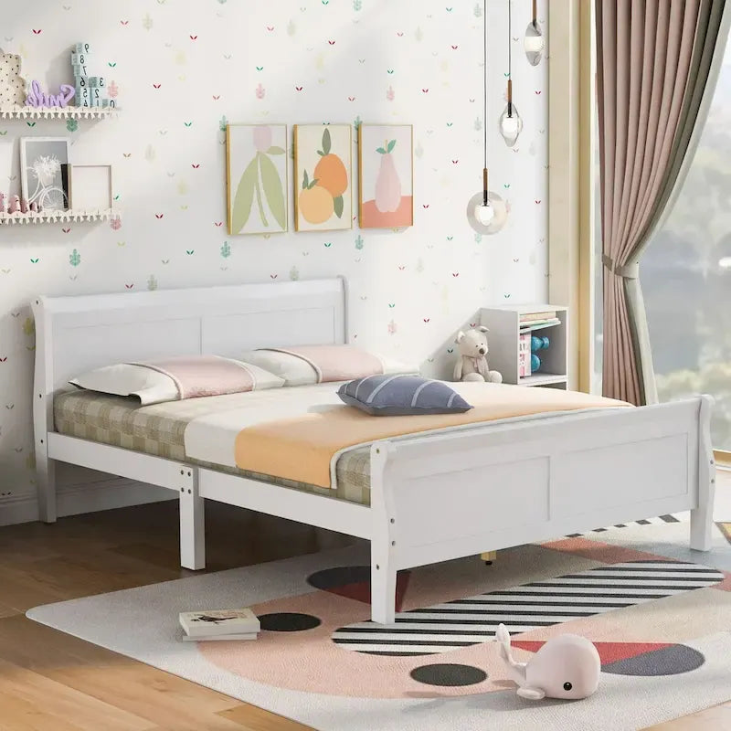 Lit plateforme en bois avec tête de lit, pied de lit et support à lattes en bois