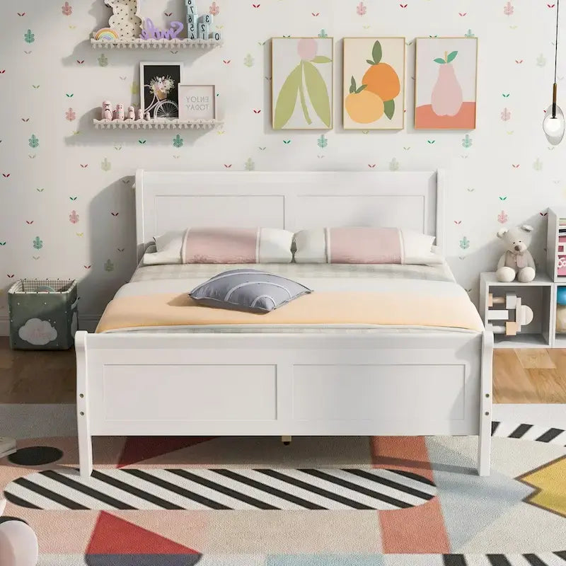 Lit plateforme en bois avec tête de lit, pied de lit et support à lattes en bois