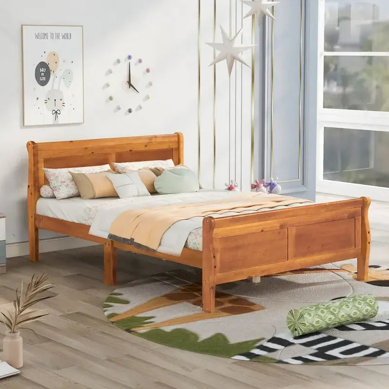 Lit plateforme en bois avec tête de lit, pied de lit et support à lattes en bois