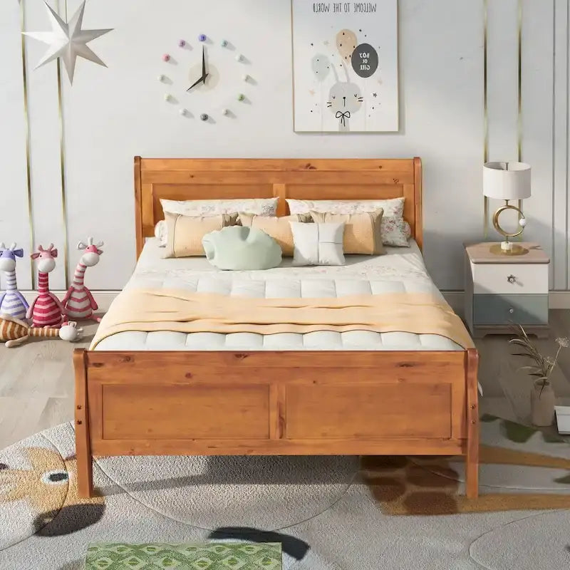 Lit plateforme en bois avec tête de lit, pied de lit et support à lattes en bois