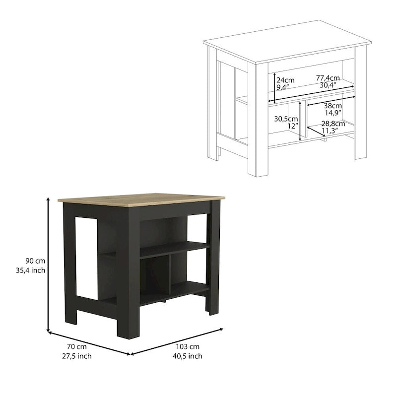 Table de salle à manger îlot de cuisine en bois de 40,5 po de largeur avec 3 tablettes