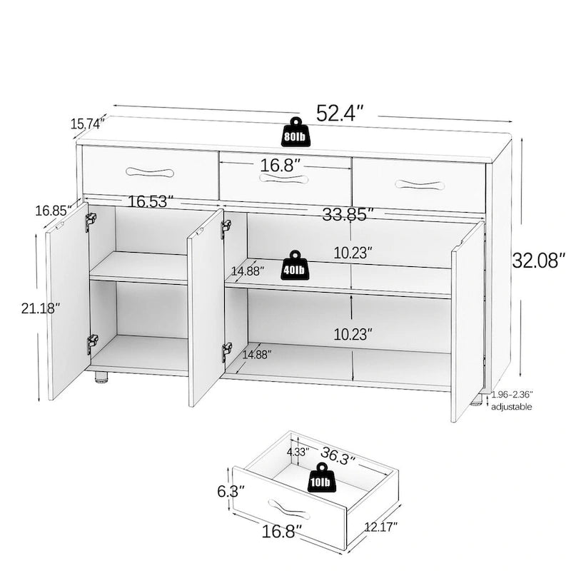 Guéridon Sidrboard moderne, Table d'appoint avec tiroir et portes