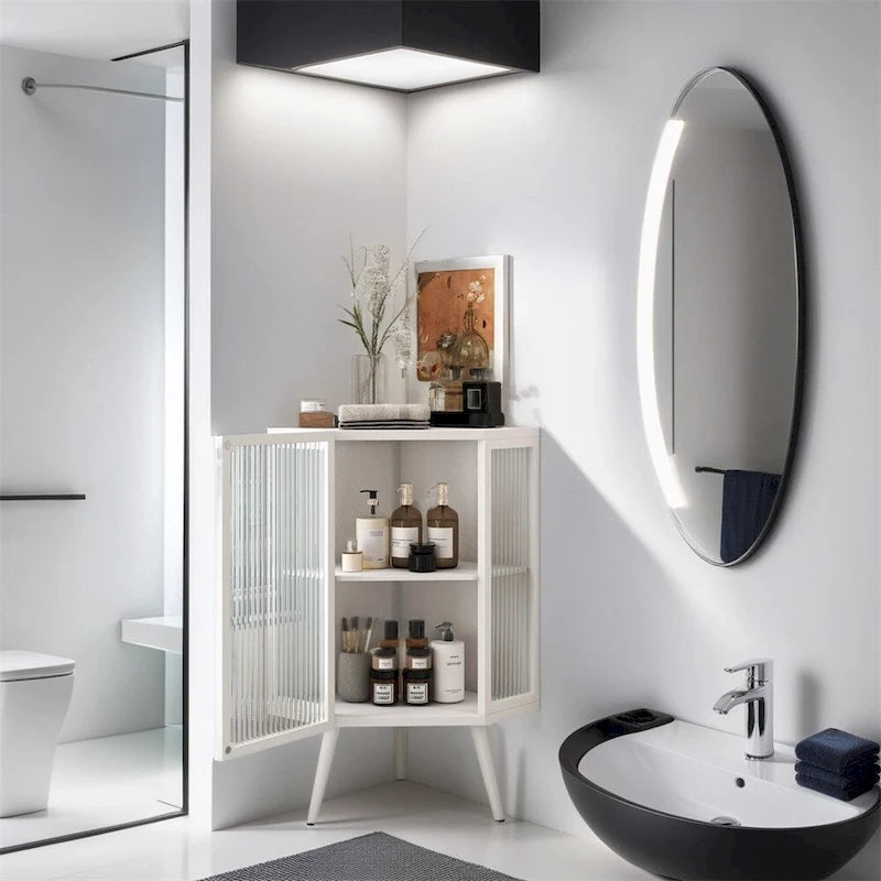 Meuble d'angle bas de 22,25 po avec porte en verre trempé et étagères de rangement