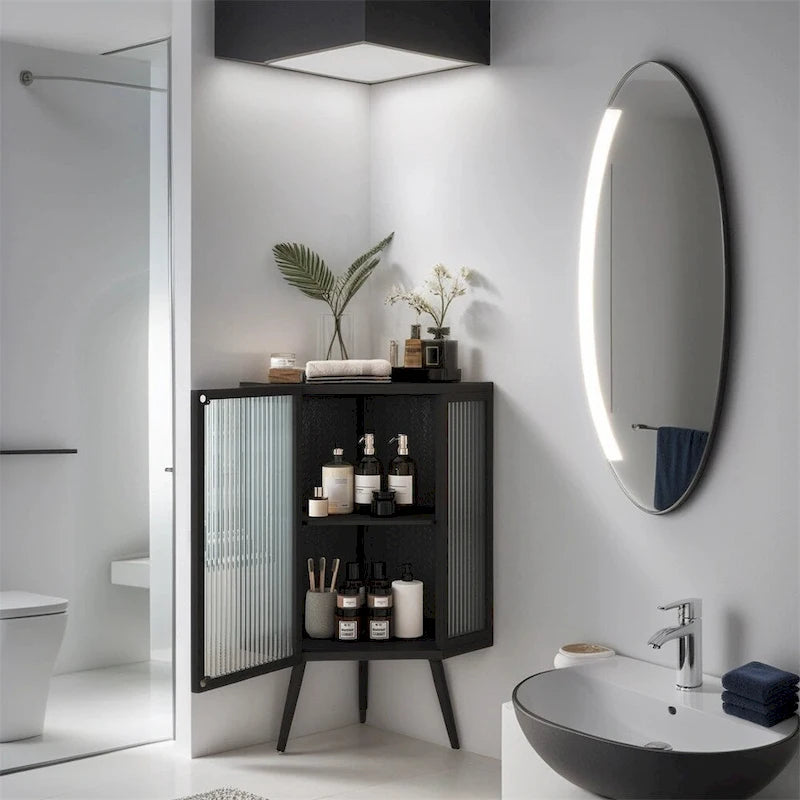 Meuble d'angle bas de 22,25 po avec porte en verre trempé et étagères de rangement