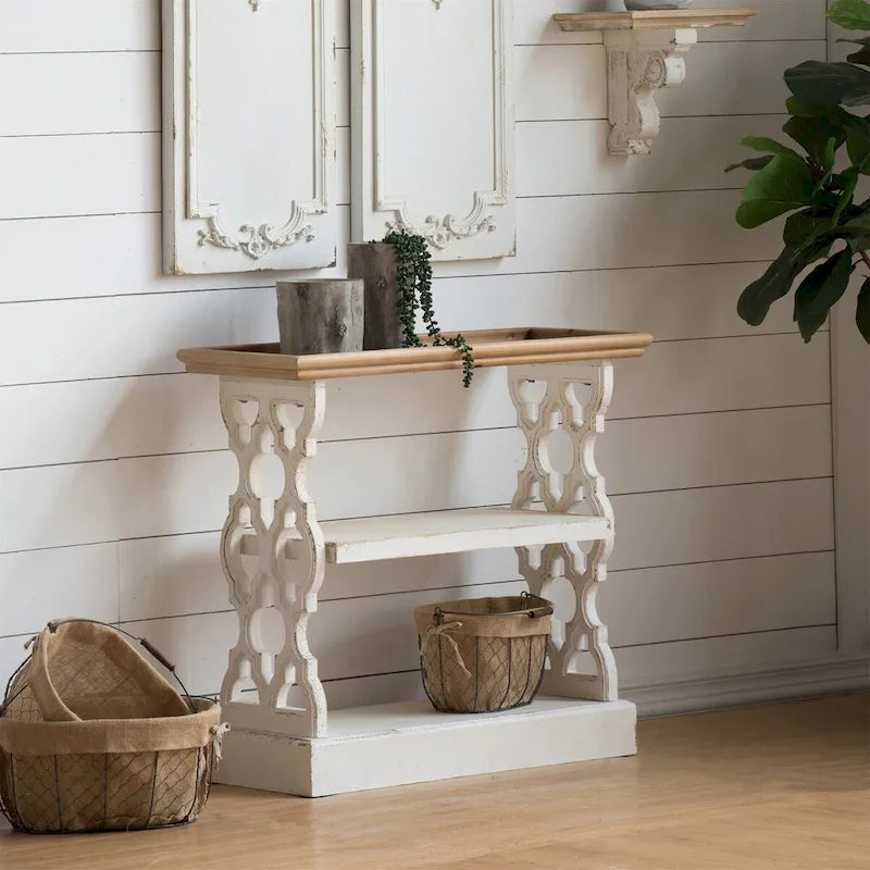 Console en bois vieilli avec étagère et plateau de service