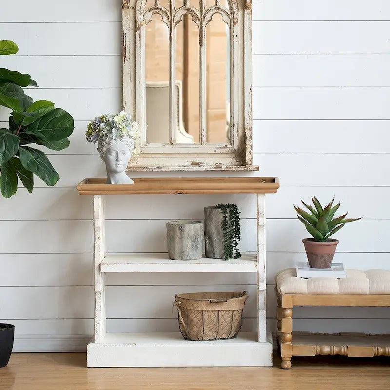 Console en bois vieilli avec étagère et plateau de service