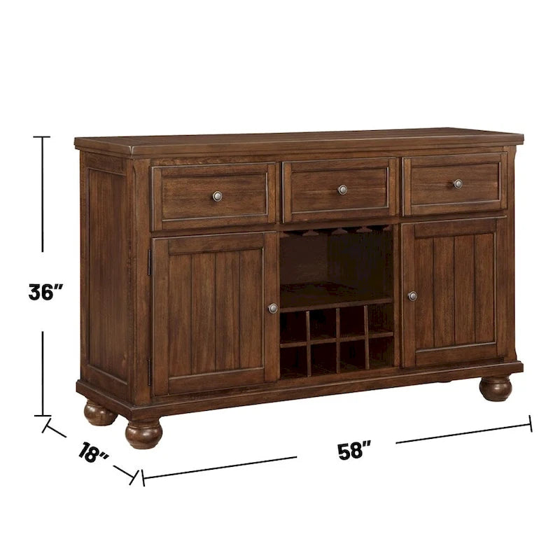 Desserte en bois avec 3 tiroirs et 2 portes, rangement pour le vin, coloris noyer