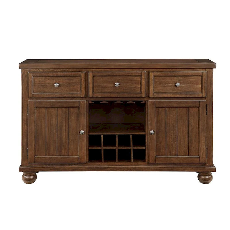 Desserte en bois avec 3 tiroirs et 2 portes, rangement pour le vin, coloris noyer