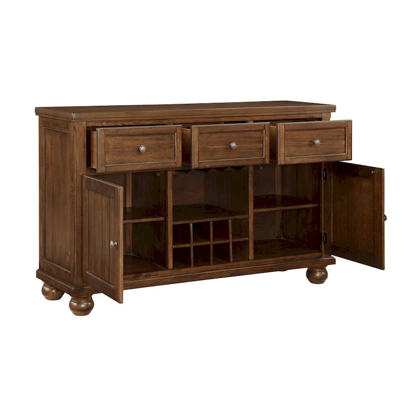 Desserte en bois avec 3 tiroirs et 2 portes, rangement pour le vin, coloris noyer