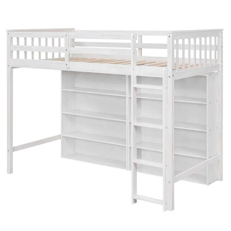 Lit mezzanine double en bois avec 8 étagères de rangement ouvertes et échelle intégrée