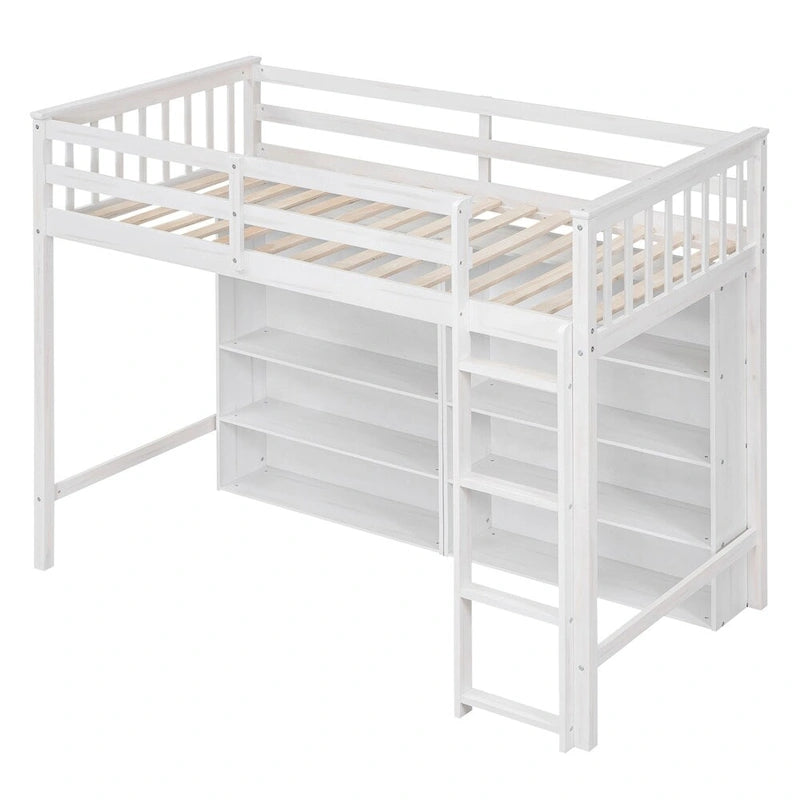 Lit mezzanine double en bois avec 8 étagères de rangement ouvertes et échelle intégrée