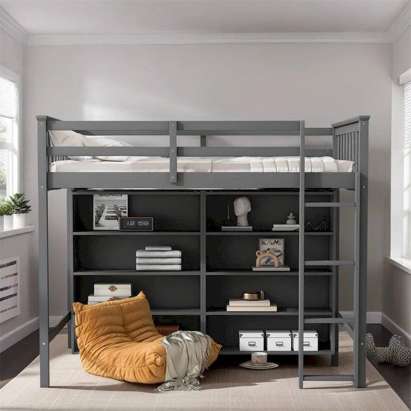 Lit mezzanine double en bois avec 8 étagères de rangement ouvertes et échelle intégrée