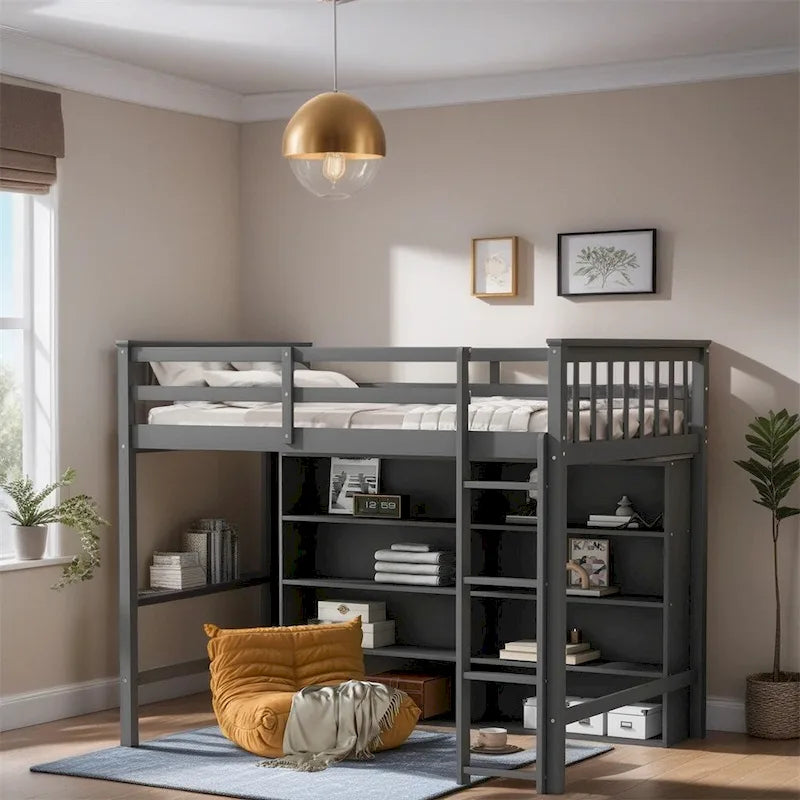Lit mezzanine double en bois avec 8 étagères de rangement ouvertes et échelle intégrée