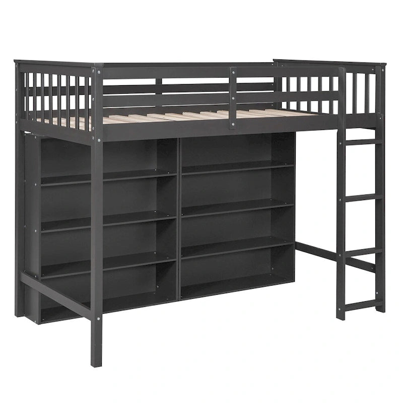 Lit mezzanine double en bois avec 8 étagères de rangement ouvertes et échelle intégrée