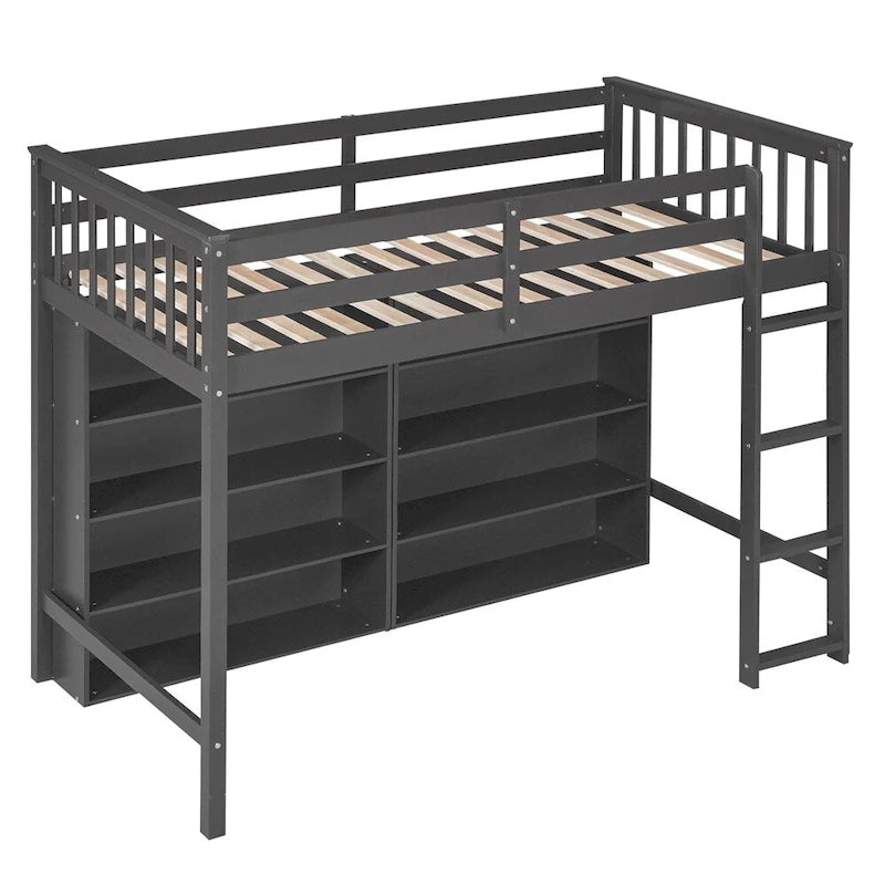 Lit mezzanine double en bois avec 8 étagères de rangement ouvertes et échelle intégrée