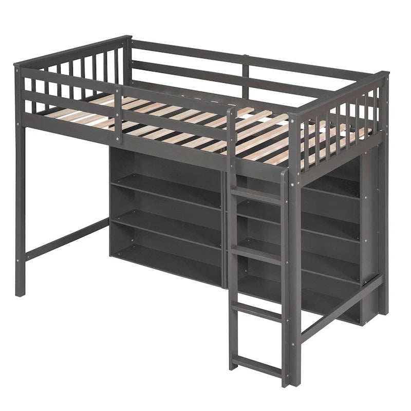 Lit mezzanine double en bois avec 8 étagères de rangement ouvertes et échelle intégrée