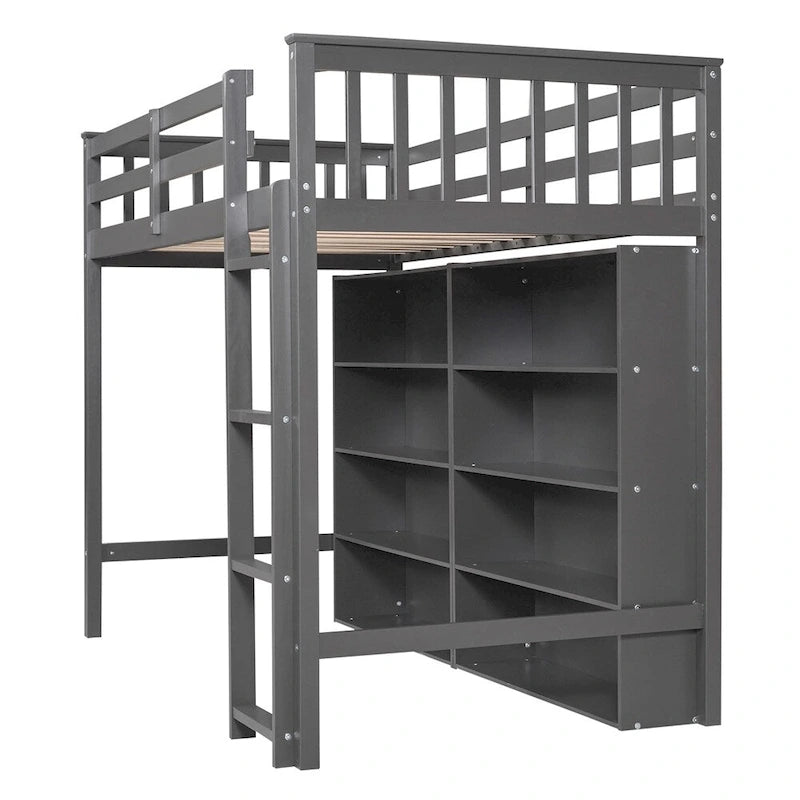 Lit mezzanine double en bois avec 8 étagères de rangement ouvertes et échelle intégrée
