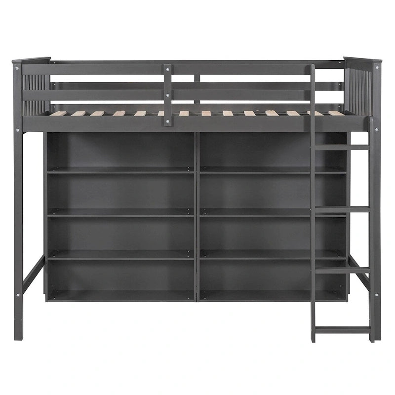 Lit mezzanine double en bois avec 8 étagères de rangement ouvertes et échelle intégrée