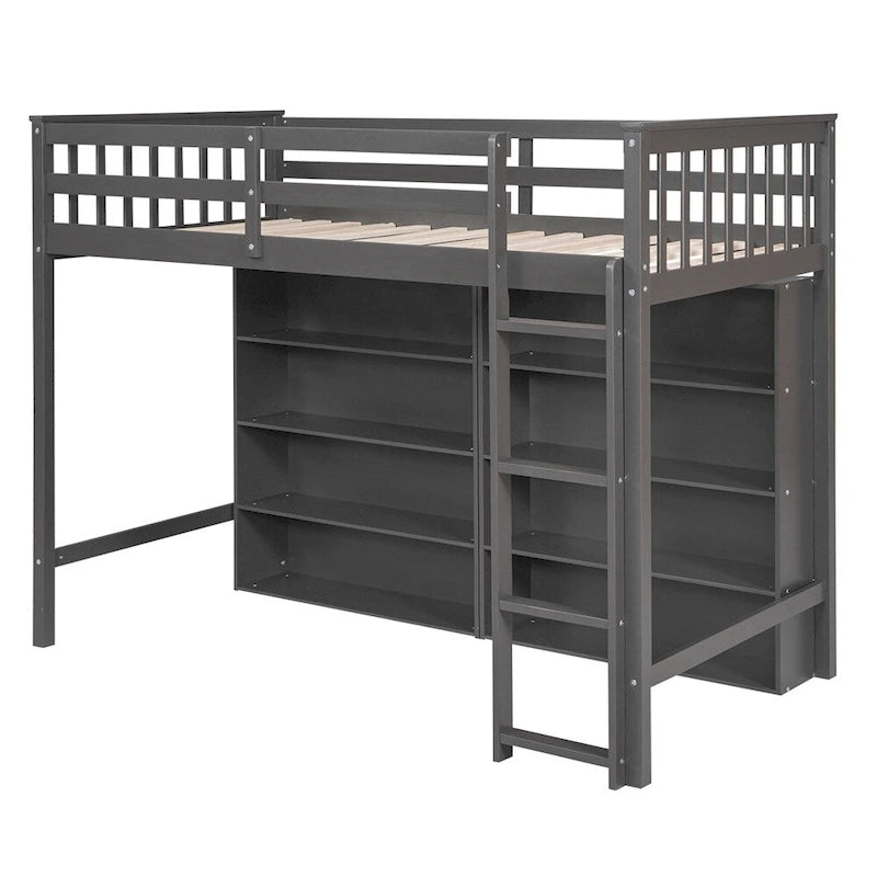 Lit mezzanine double en bois avec 8 étagères de rangement ouvertes et échelle intégrée
