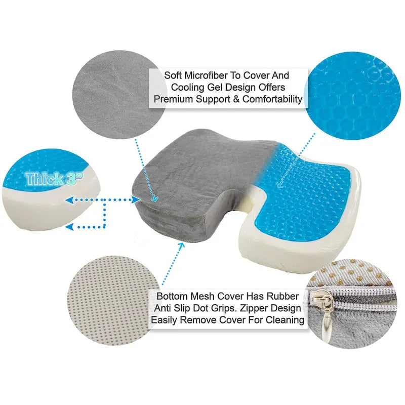 Coussin de siège en mousse à mémoire de forme et gel rafraîchissant, ergonomique et orthopédique pour le coccyx